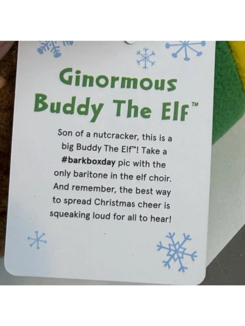 NWT BarkBox Ginormous Buddy The Elf XL Christmas Plush Squeaky Dog Toy 16”